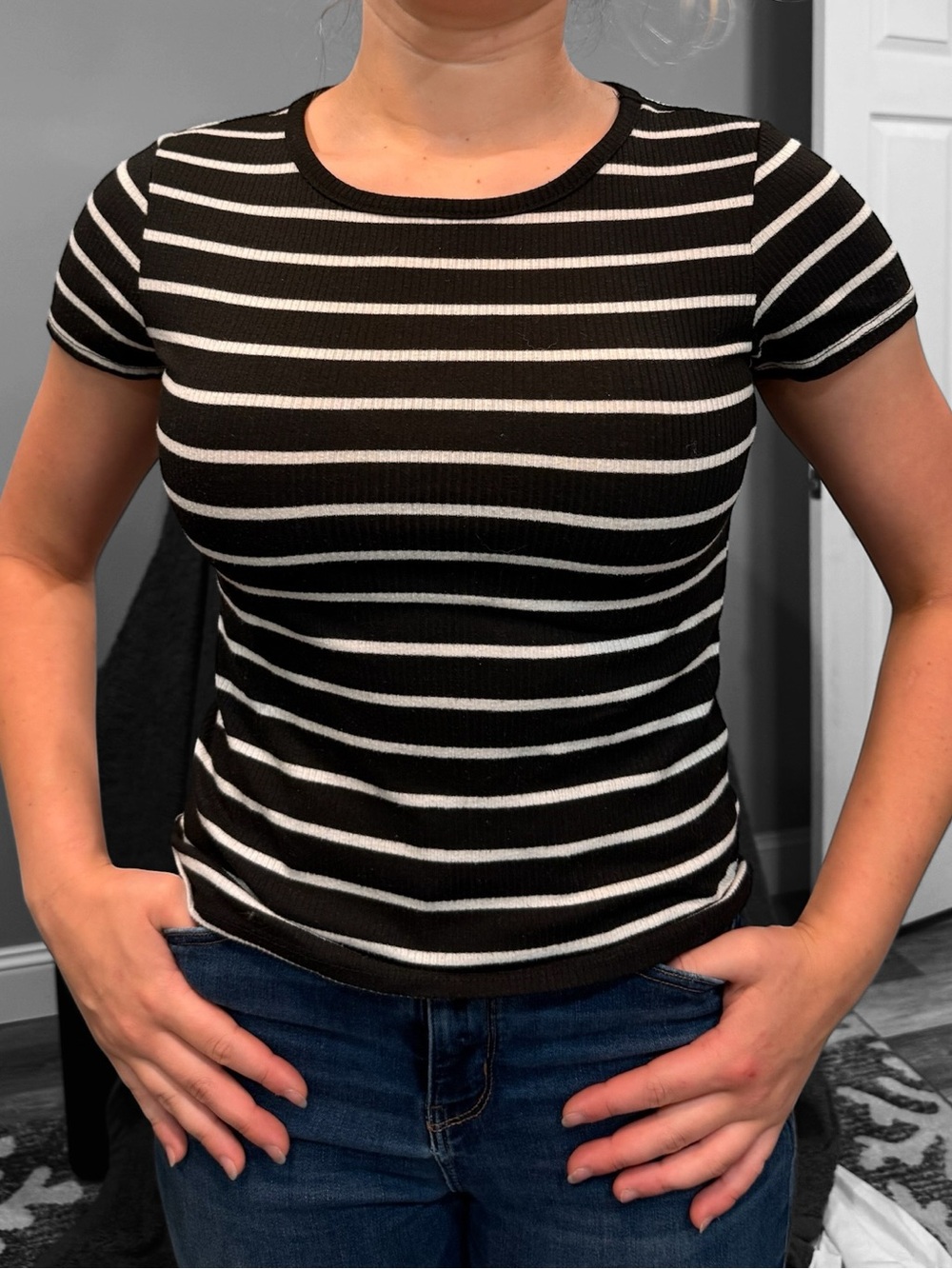 See You Monday Black and White Striped Ribbed Tee
